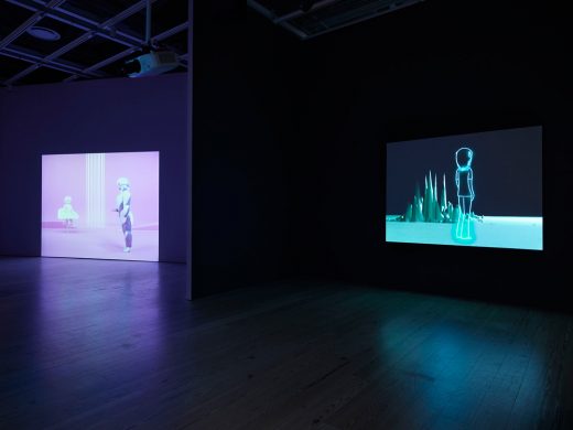 Installation view of "Dreamlands: Immersive Cinema and Art, 1905-2016" (Whitney Museum of American Art, New York, October 28, 2016-February 5, 2017). Oskar Schlemmer, Das Triadische Ballett [Triadic Ballet], (1922/1970) E.2016.0044; Pierre Huyghe, One Million Kingdoms, (2001) E.2016.0050. Photography by Ronald Amstutz. 